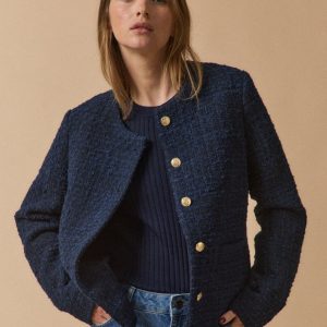 Veste sans col tweed uni femme