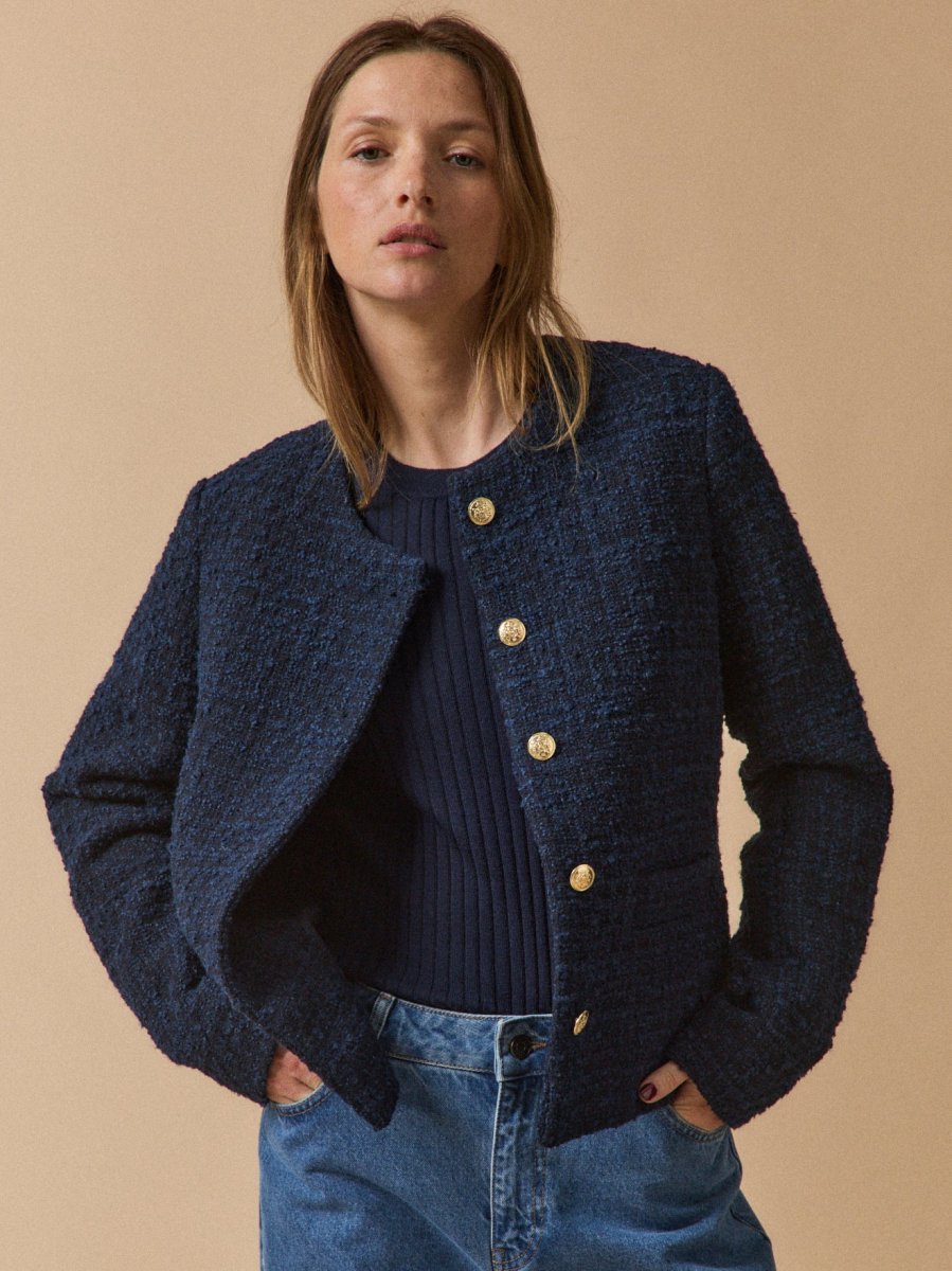Veste sans col tweed uni femme
