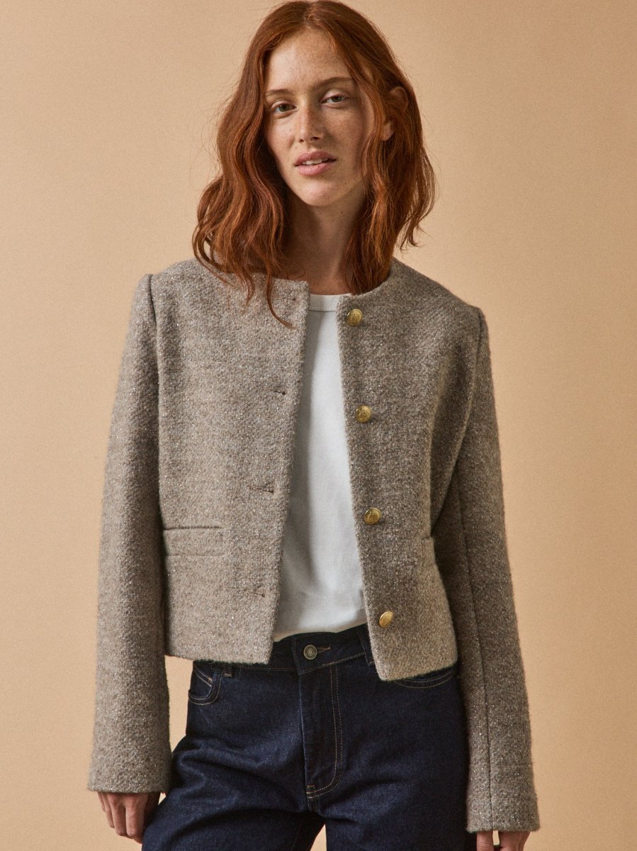 Veste sans col tweed irisé femme