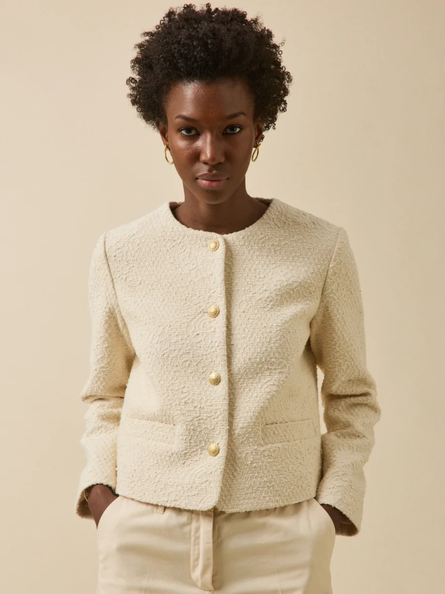Veste sans col tweed uni femme