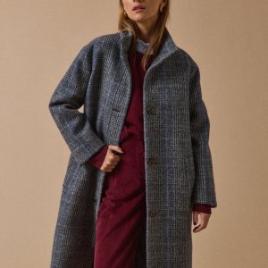Manteau col montant drap de laine carreaux femme