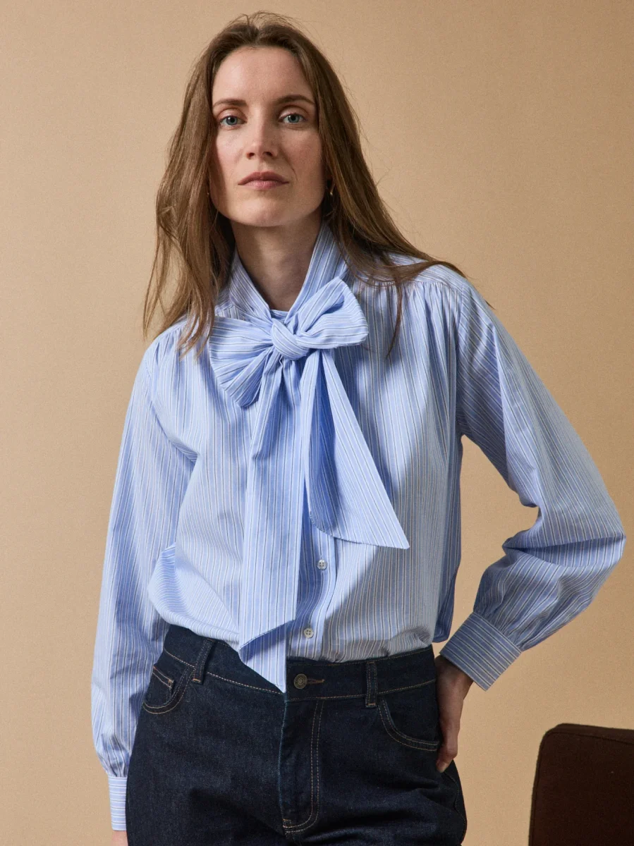 Chemise popeline rayée col lavallière femme