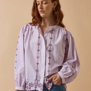 Blouse brodée contrastée coton femme