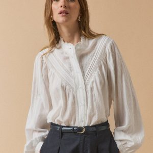 Blouse coton brodé et dentelle femme