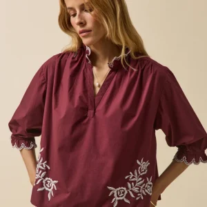 Blouse col volanté coton brodé femme