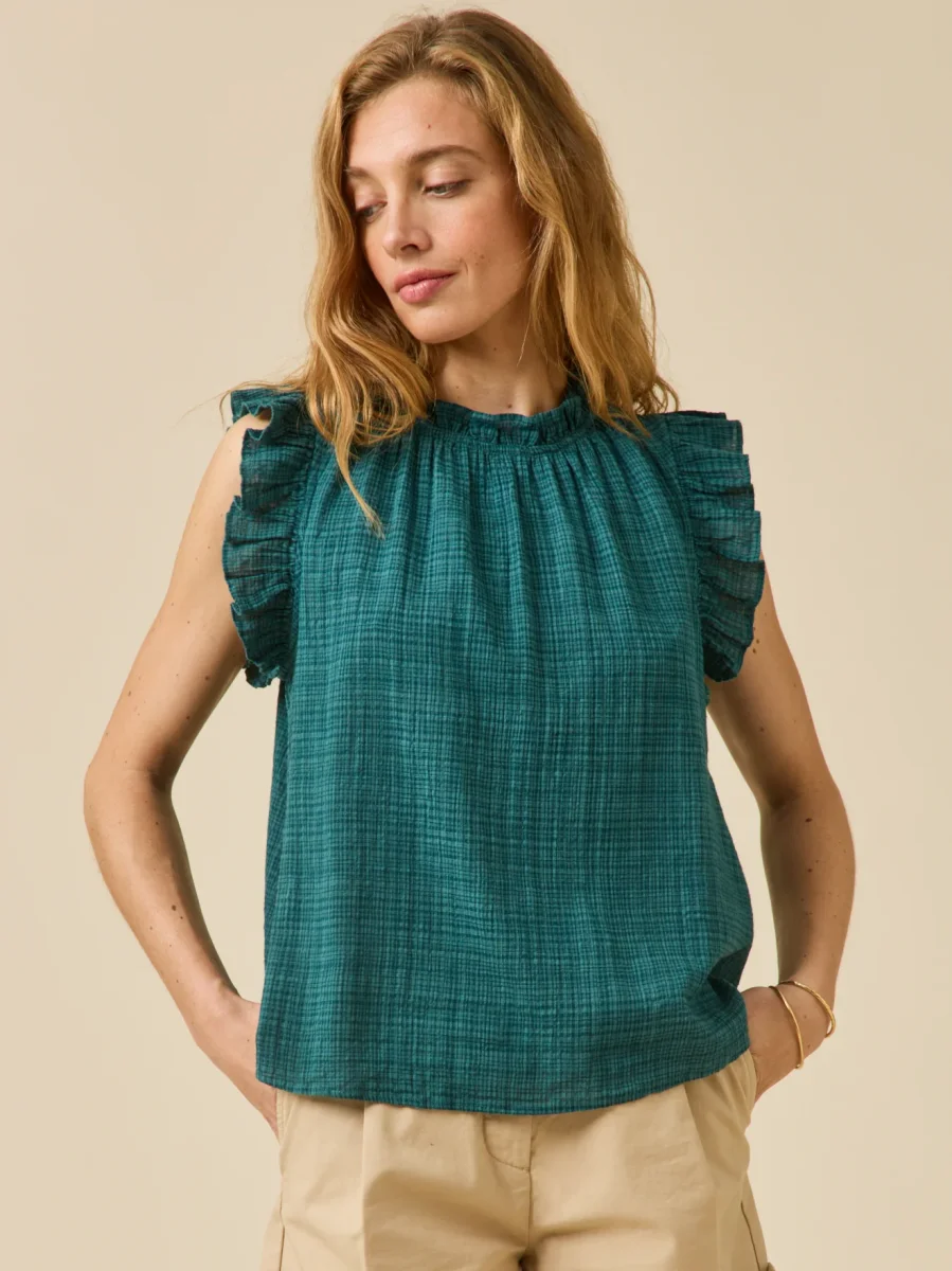 Top sans manches volanté femme en crépon – Image 2