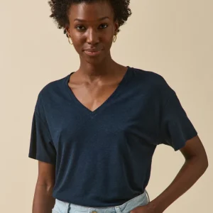 T-shirt col V femme lin et viscose