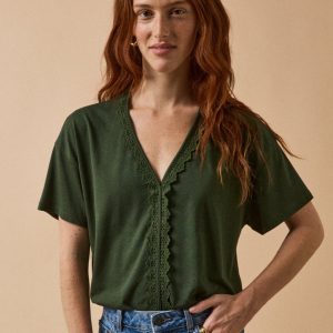 T-shirt col V dentelle femme lyocell et coton
