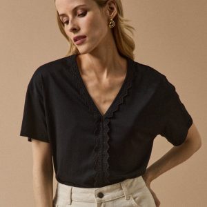 T-shirt col V dentelle femme lyocell et coton