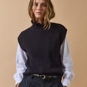 Pull sans manches col froufrou femme