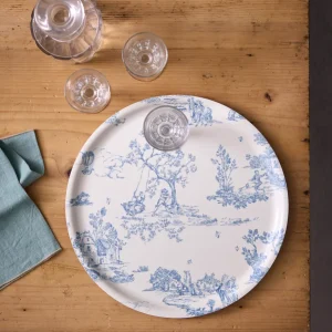 Plateau rond en bois "Esprit Jouy"