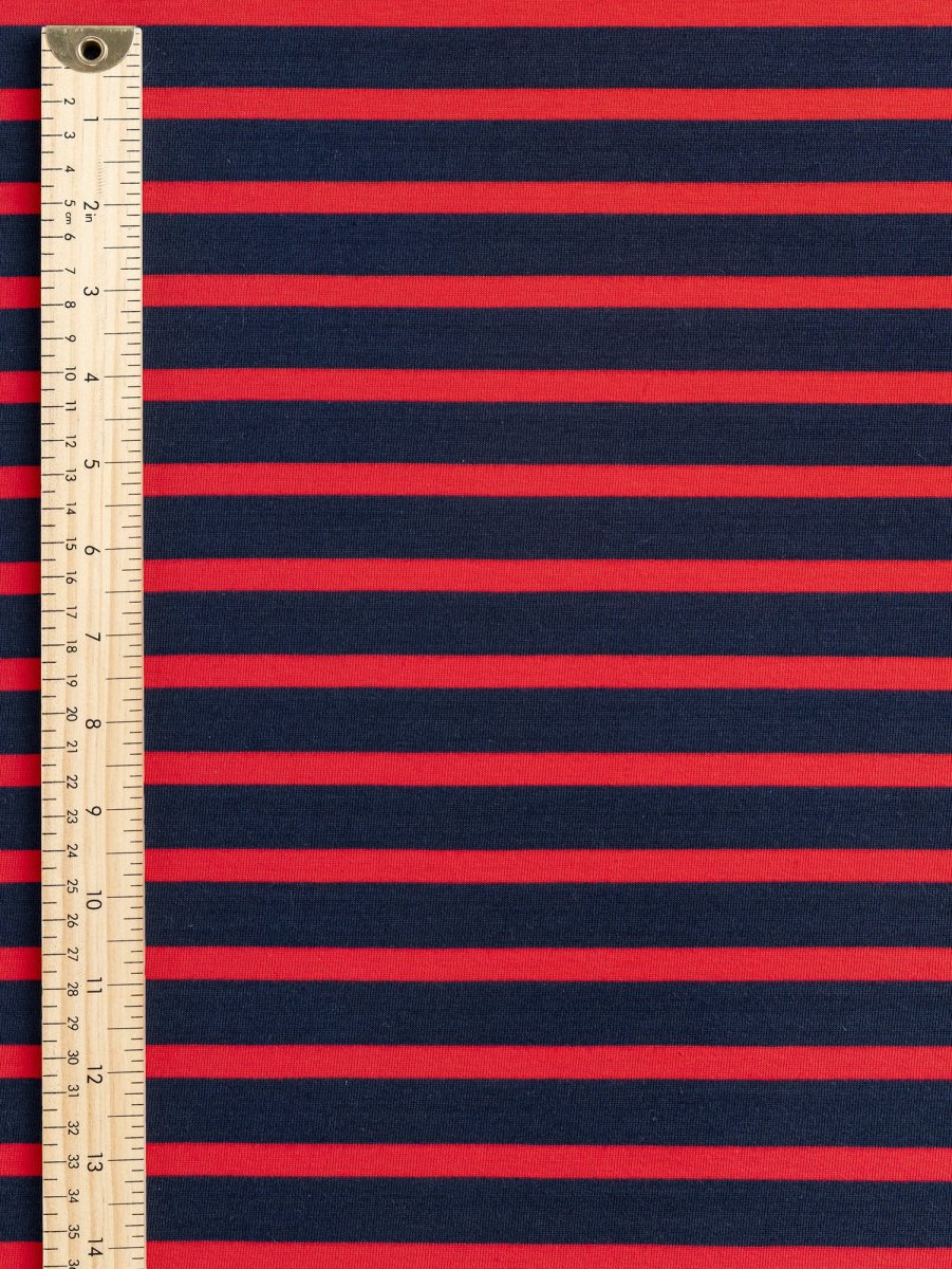 Breton Stripe Organic Cotton Jersey Knit - Navy + Red – Image 4
