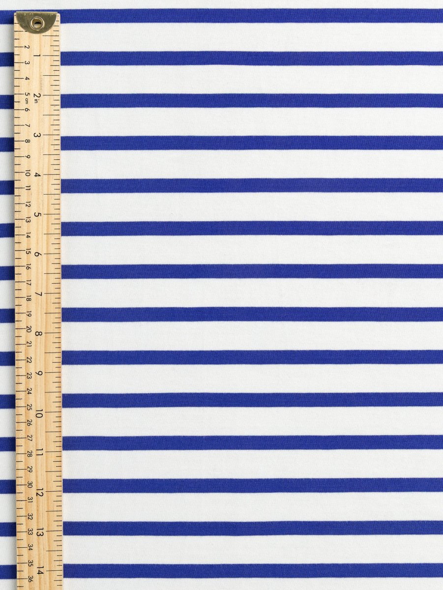 Breton Stripe Organic Cotton Jersey Knit - Cream + Bright Blue - Swatch – Image 2