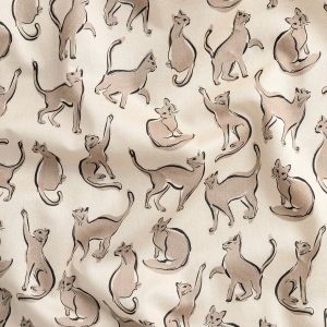 Cat Friends Print BCI Cotton Lawn - Cream + Tan + Black