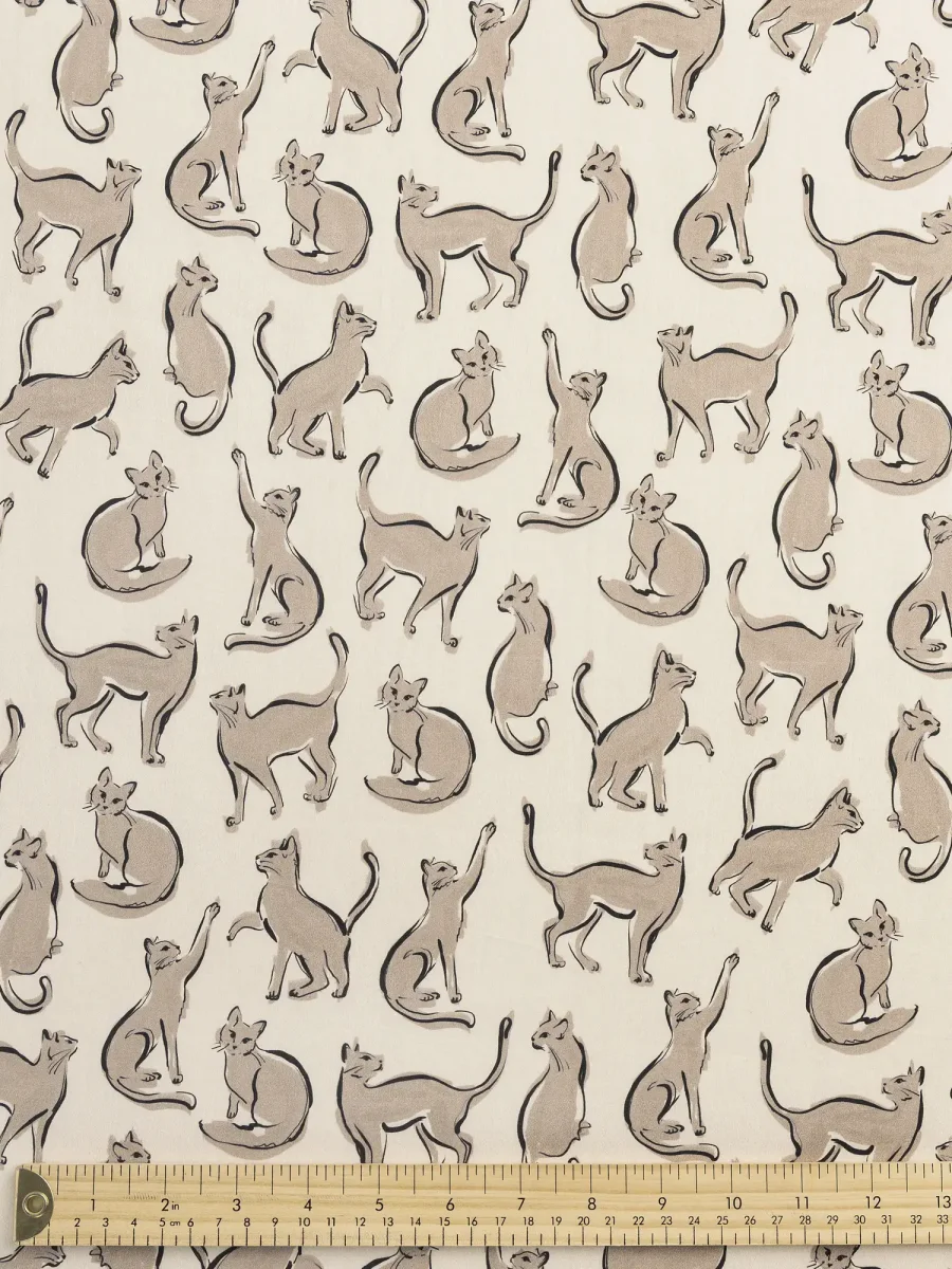 Cat Friends Print BCI Cotton Lawn - Cream + Tan + Black - Swatch