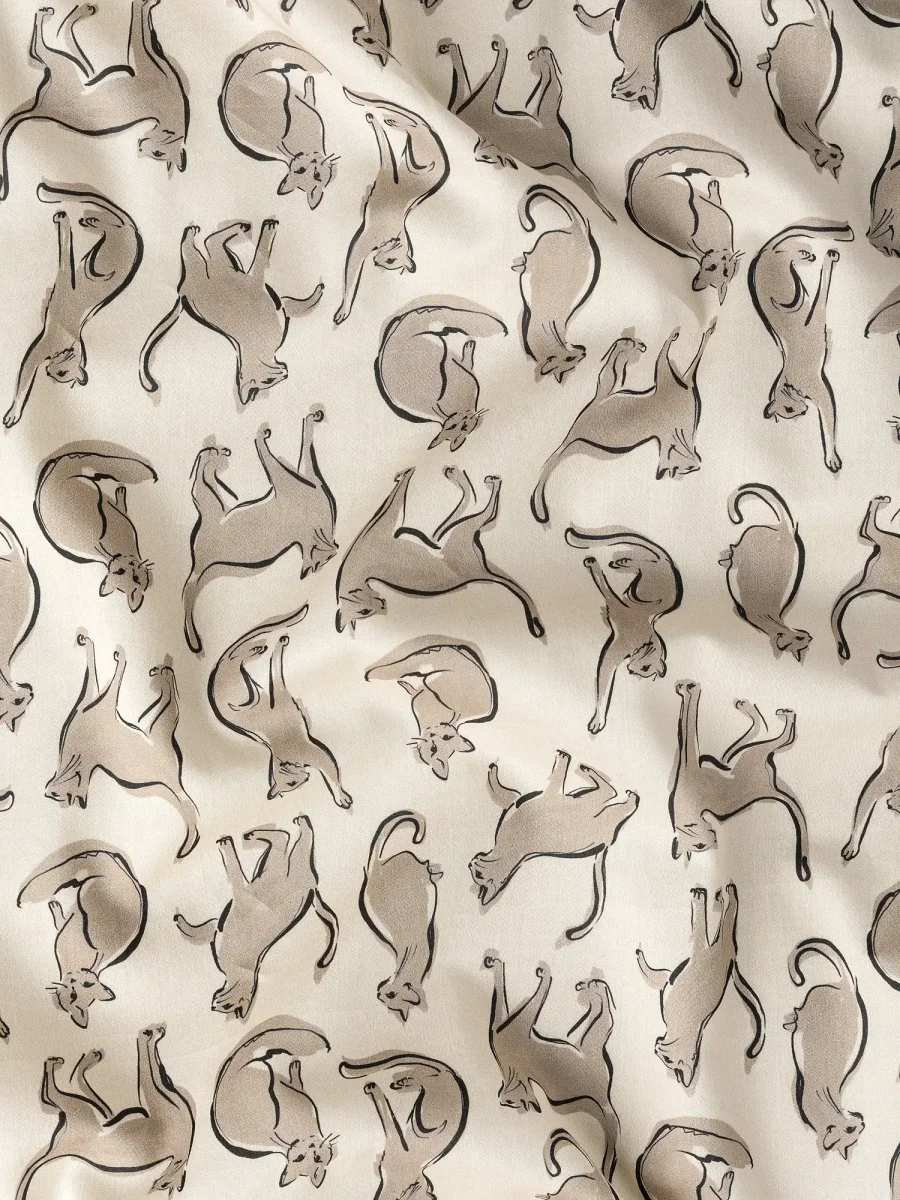 Cat Friends Print BCI Cotton Lawn - Cream + Tan + Black - Swatch – Image 3