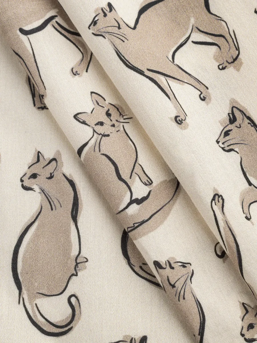 Cat Friends Print BCI Cotton Lawn - Cream + Tan + Black - Swatch – Image 4