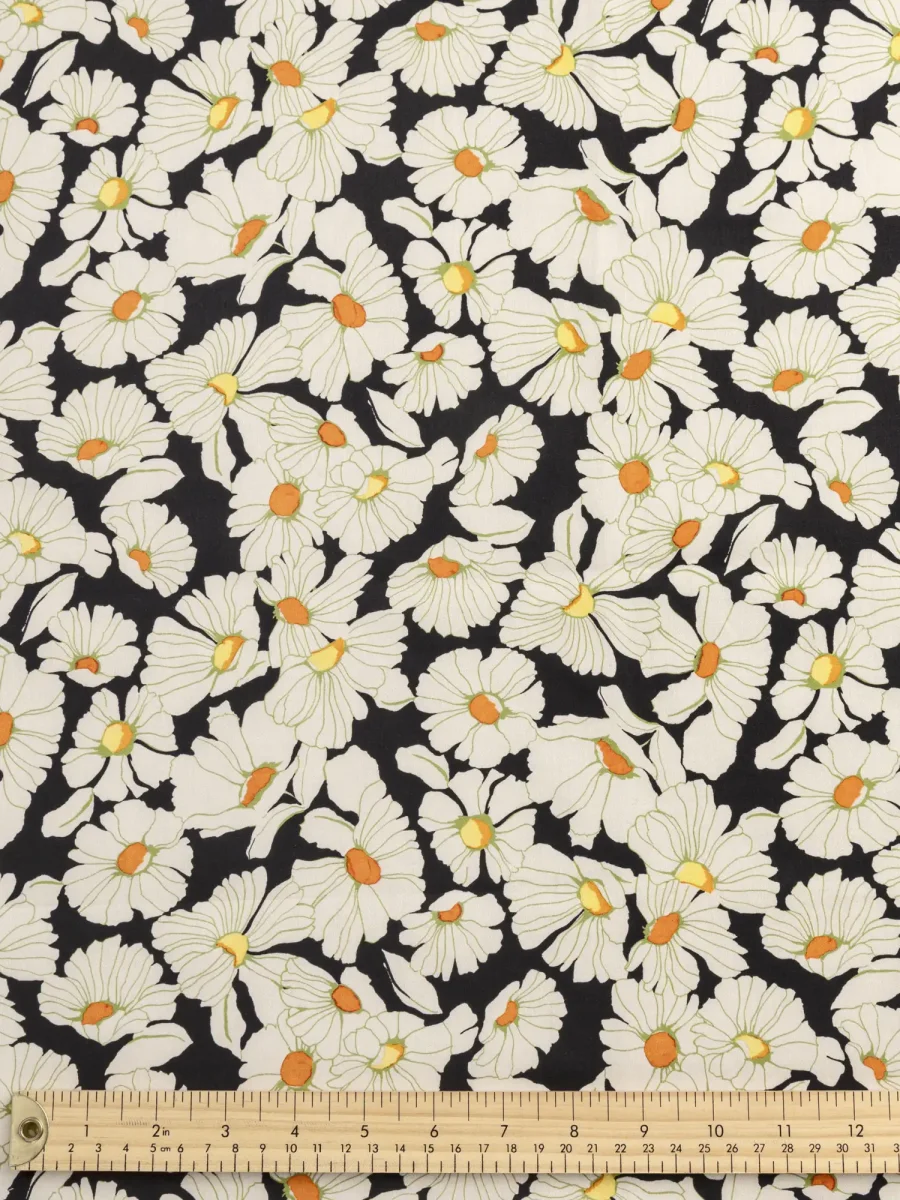 Daisy Print BCI Cotton Lawn - Black + Cream + Orange - Swatch