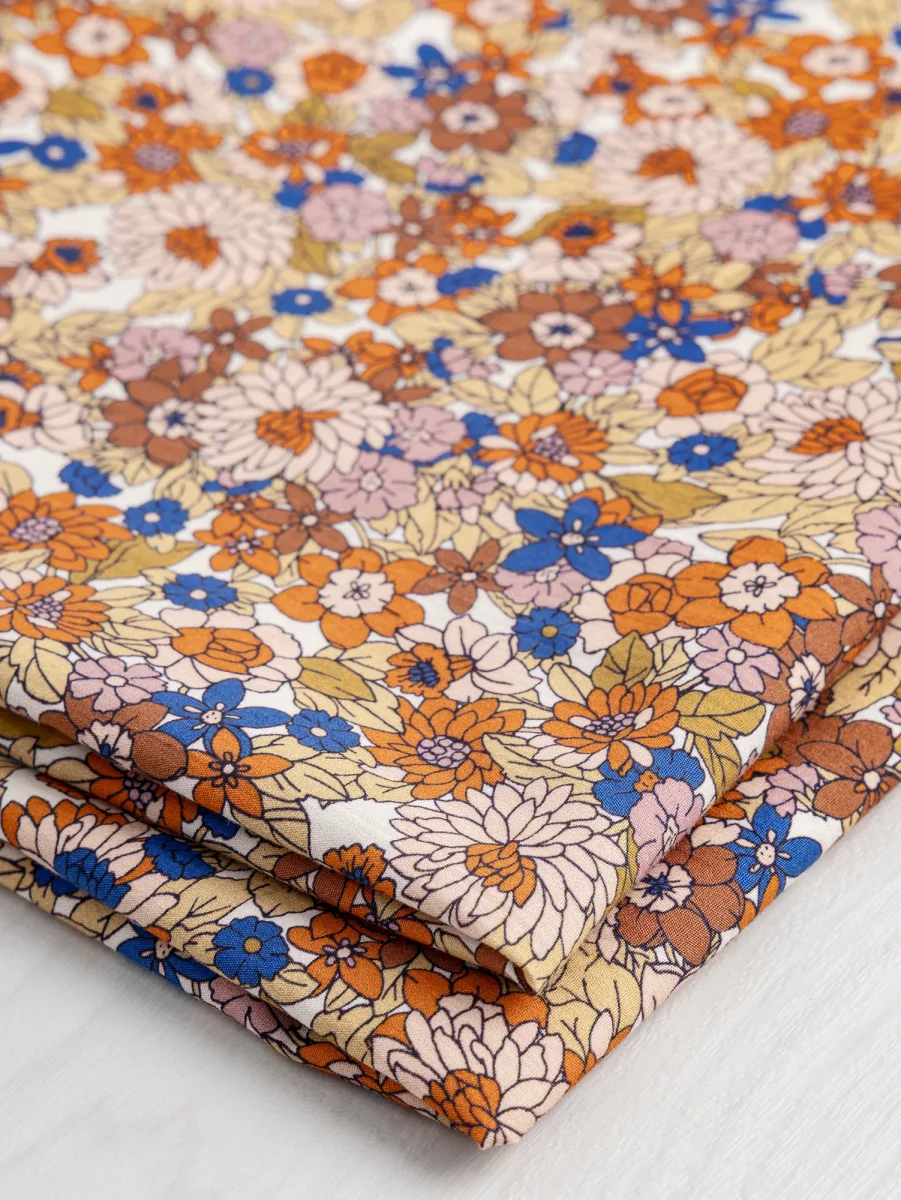 Ditzy Floral Print Cotton Poplin - Cobalt Blue + Orange + Olive