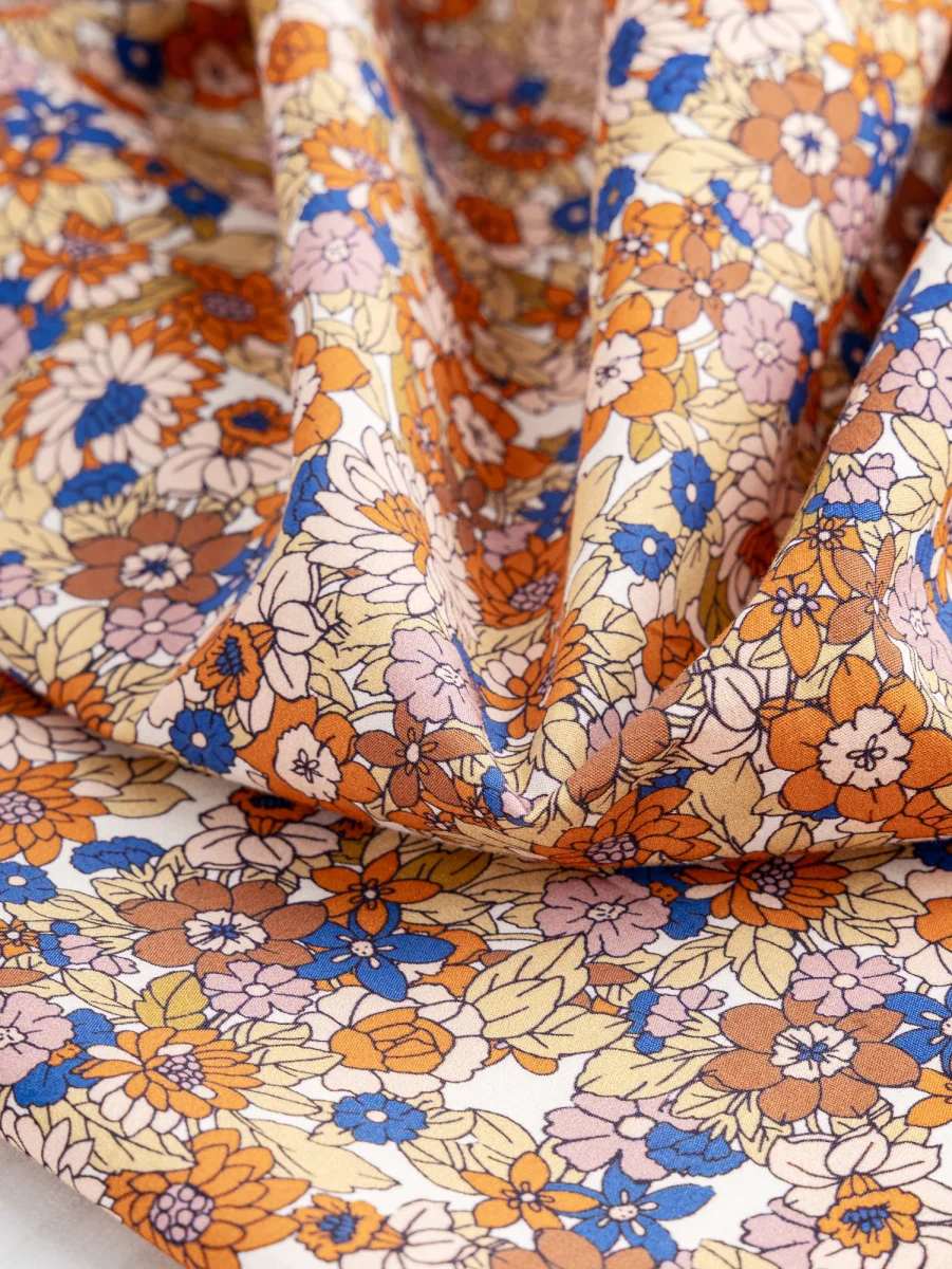 Ditzy Floral Print Cotton Poplin - Cobalt Blue + Orange + Olive – Image 4