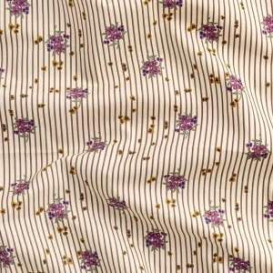 Ditzy Floral Stripe Print BCI Cotton Poplin - Beige + Brown + Purple