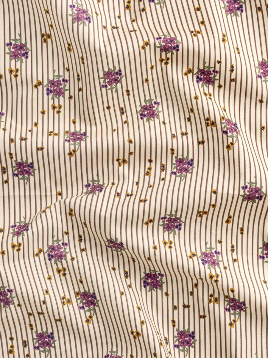 Ditzy Floral Stripe Print BCI Cotton Poplin - Beige + Brown + Purple