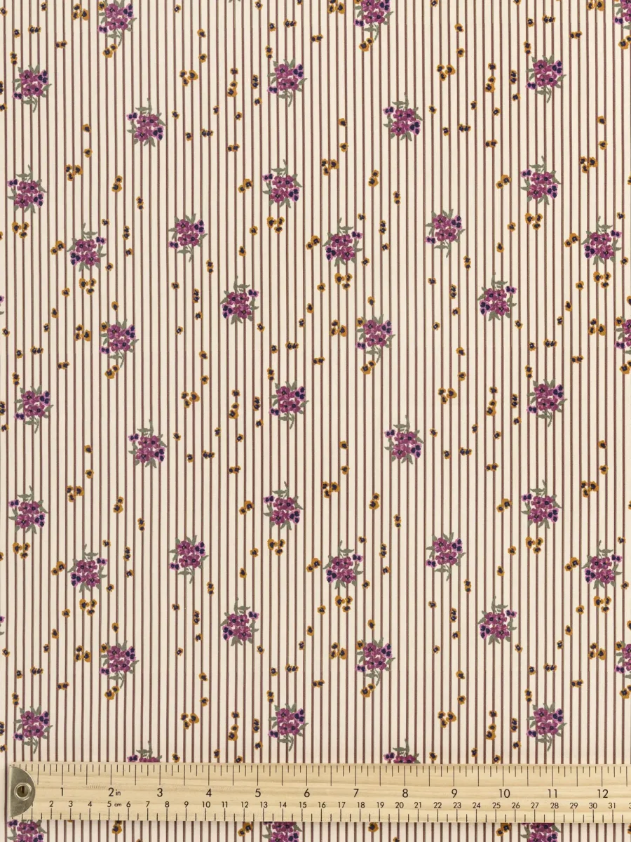 Ditzy Floral Stripe Print BCI Cotton Poplin - Beige + Brown + Purple - Swatch – Image 2