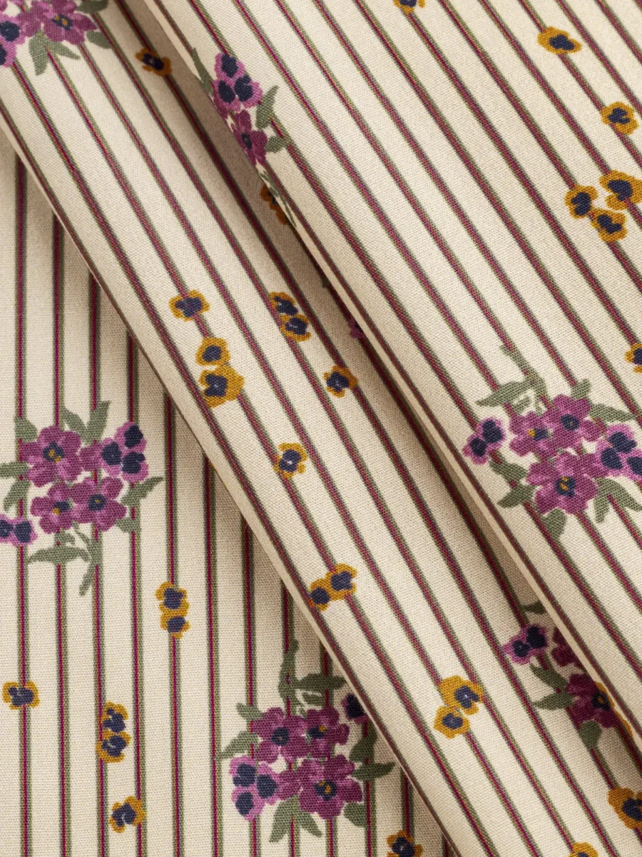 Ditzy Floral Stripe Print BCI Cotton Poplin - Beige + Brown + Purple - Swatch – Image 4