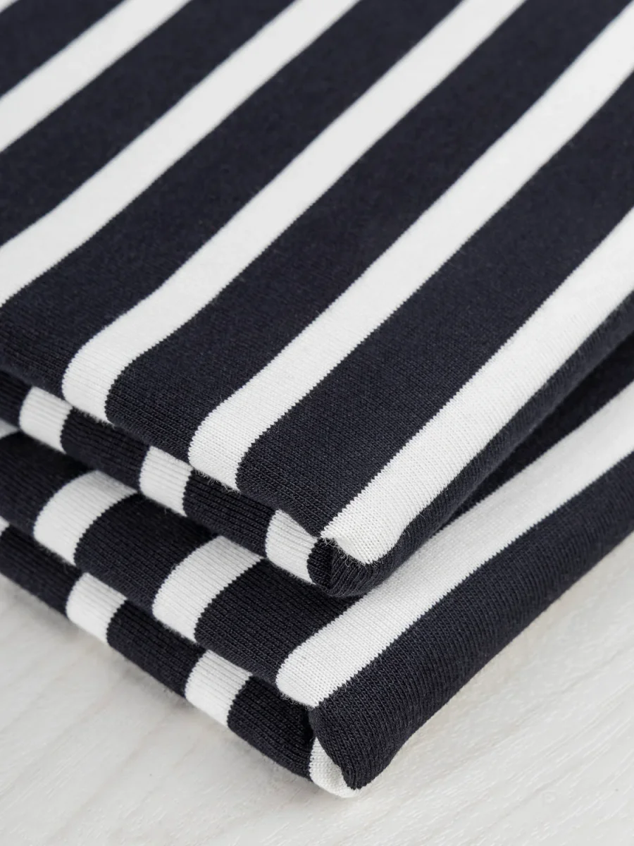 Breton Stripe Organic Cotton Jersey Knit - Black + Cream - Swatch – Image 4