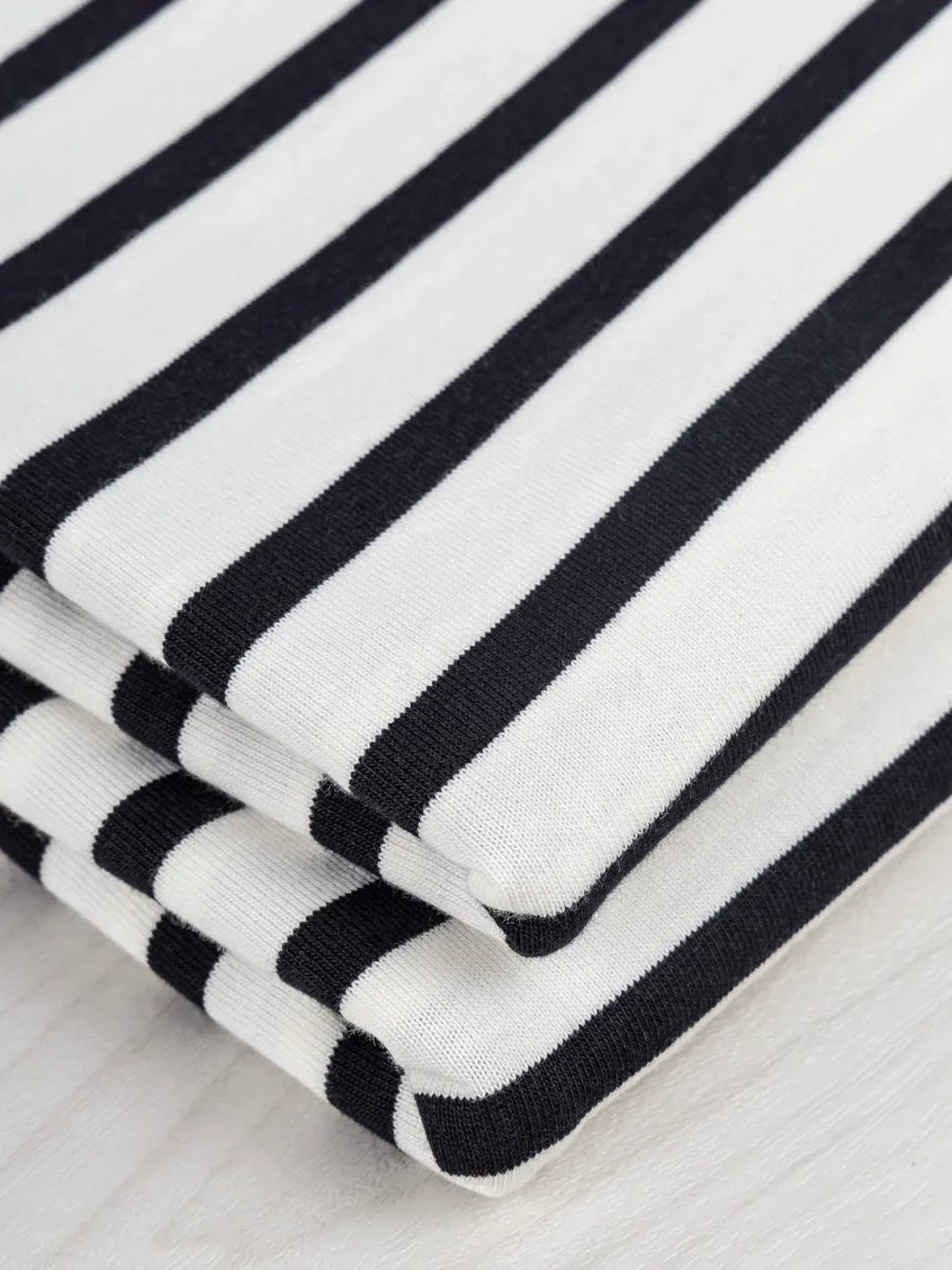 Breton Stripe Organic Cotton Jersey Knit - Cream + Black – Image 4