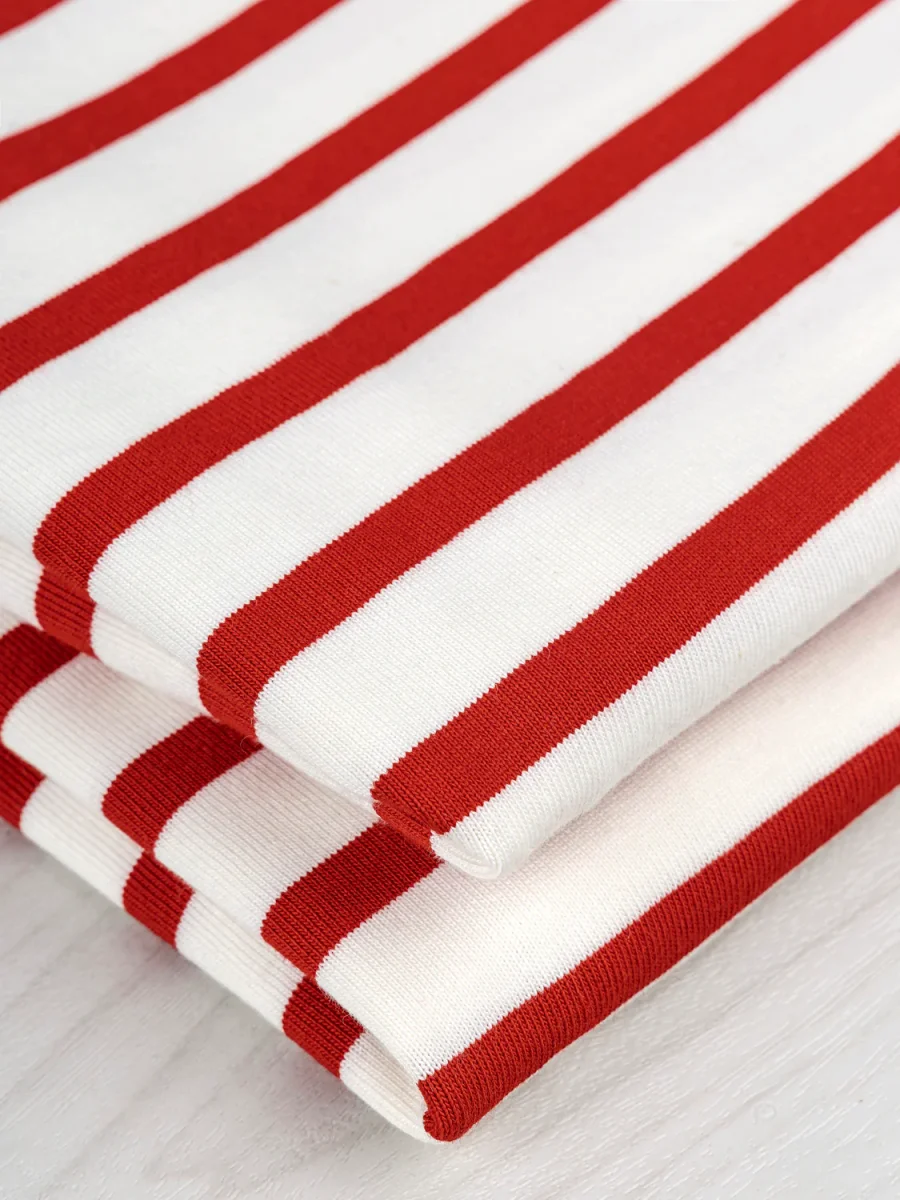Breton Stripe Organic Cotton Jersey Knit - Cream + Red – Image 5