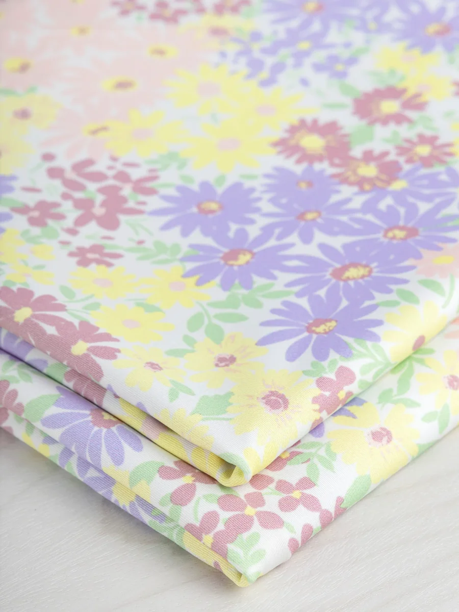 Matisse Inspired Daisy Recycled Swim Performance Knit - White + Lavender + Yellow - Swatch – Image 3