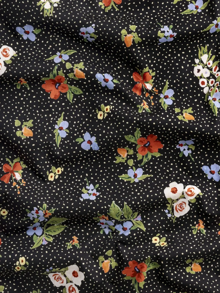 Floral Polka Dot Print BCI Cotton Poplin - Black + Cream + Multicolour - Swatch – Image 3