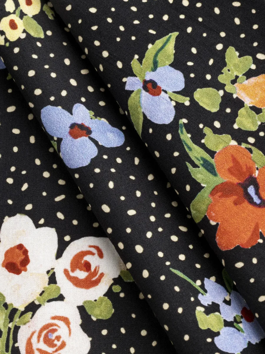 Floral Polka Dot Print BCI Cotton Poplin - Black + Cream + Multicolour - Swatch – Image 4