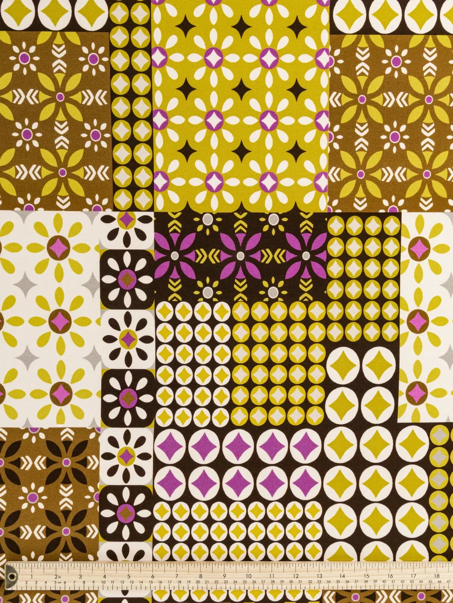 Geo Patchwork Print Viscose Knit - Chocolate + Olive + Magenta + Cream - Swatch – Image 5