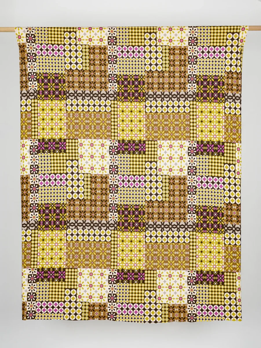 Geo Patchwork Print Viscose Knit - Chocolate + Olive + Magenta + Cream - Swatch – Image 2