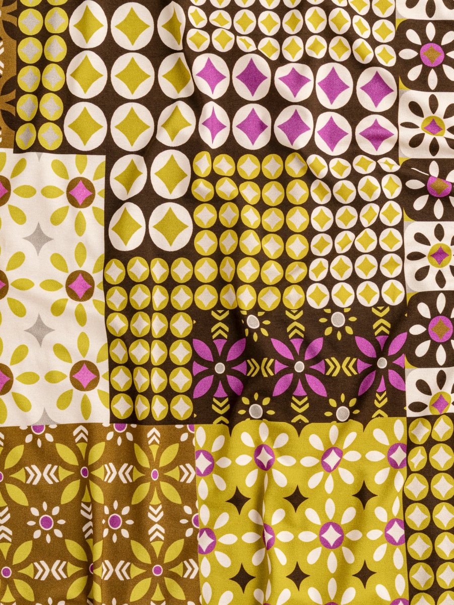 Geo Patchwork Print Viscose Knit - Chocolate + Olive + Magenta + Cream