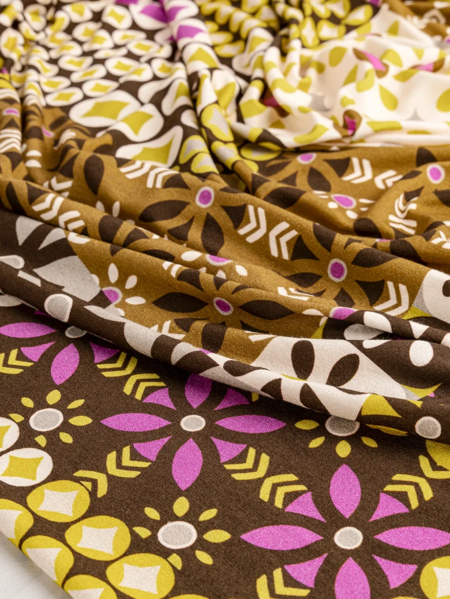 Geo Patchwork Print Viscose Knit - Chocolate + Olive + Magenta + Cream – Image 6