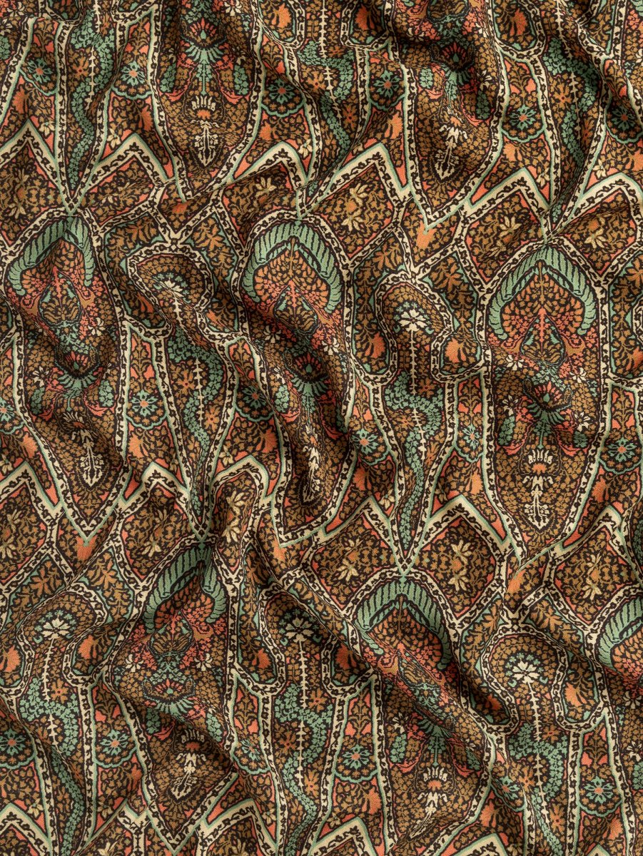 Gothic Floral Print Viscose Crepe - Ochre + Turquoise + Pink - Swatch – Image 3