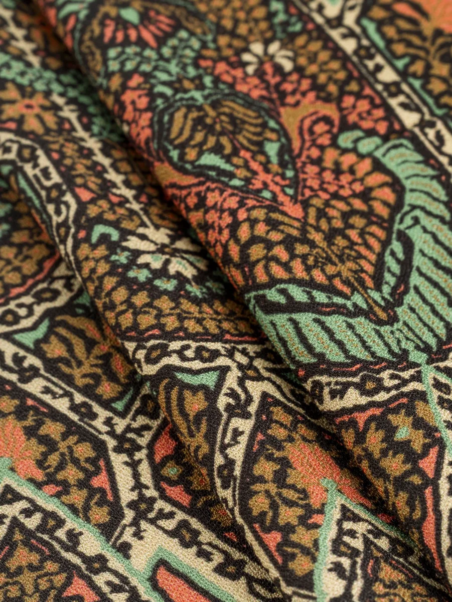Gothic Floral Print Viscose Crepe - Ochre + Turquoise + Pink - Swatch – Image 4