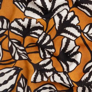 Graphic Leaf Print Textured Viscose - Ochre + Black + White + Blue