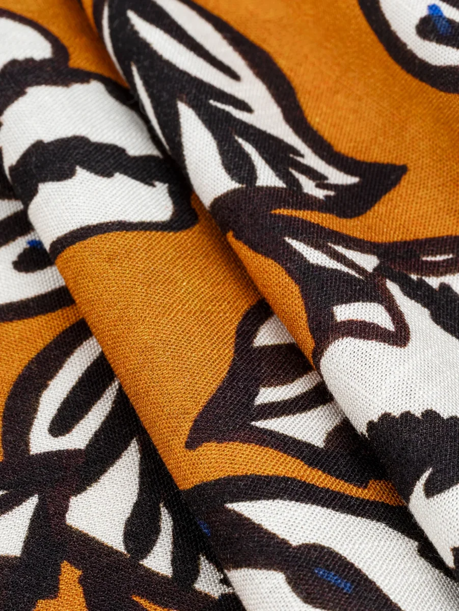 Graphic Leaf Print Textured Viscose - Ochre + Black + White + Blue – Image 3