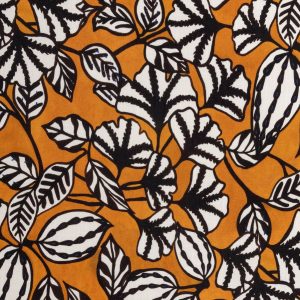 Graphic Leaf Print Textured Viscose - Ochre + Black + White + Blue - Swatch