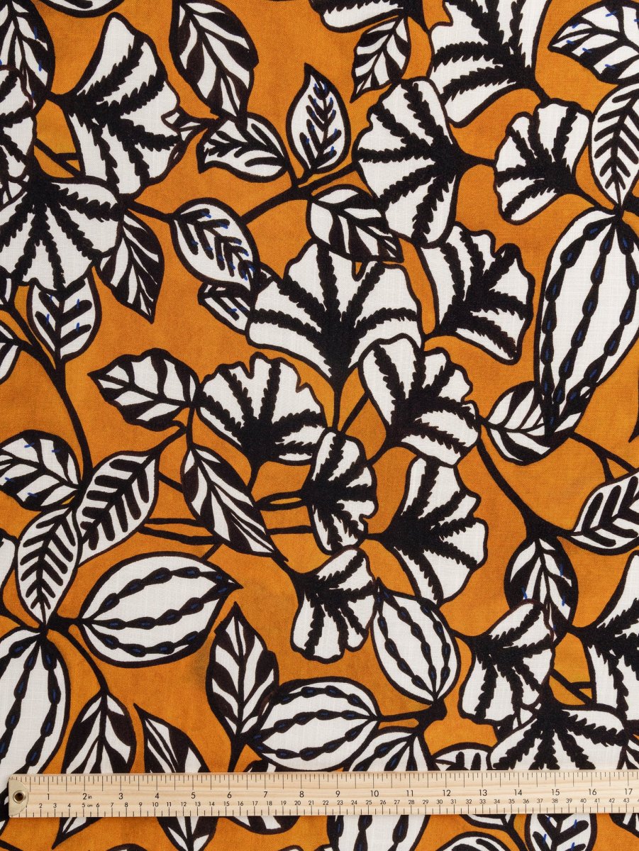 Graphic Leaf Print Textured Viscose - Ochre + Black + White + Blue - Swatch