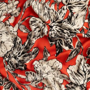 Illustrated Magnolia Print Viscose Crepe - Red + Black + Cream