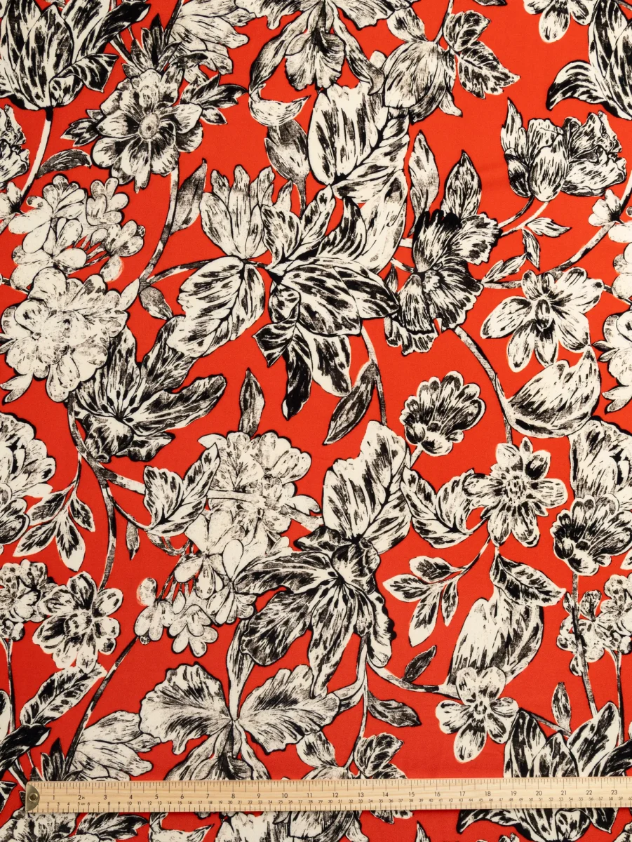 Illustrated Magnolia Print Viscose Crepe - Red + Black + Cream – Image 7