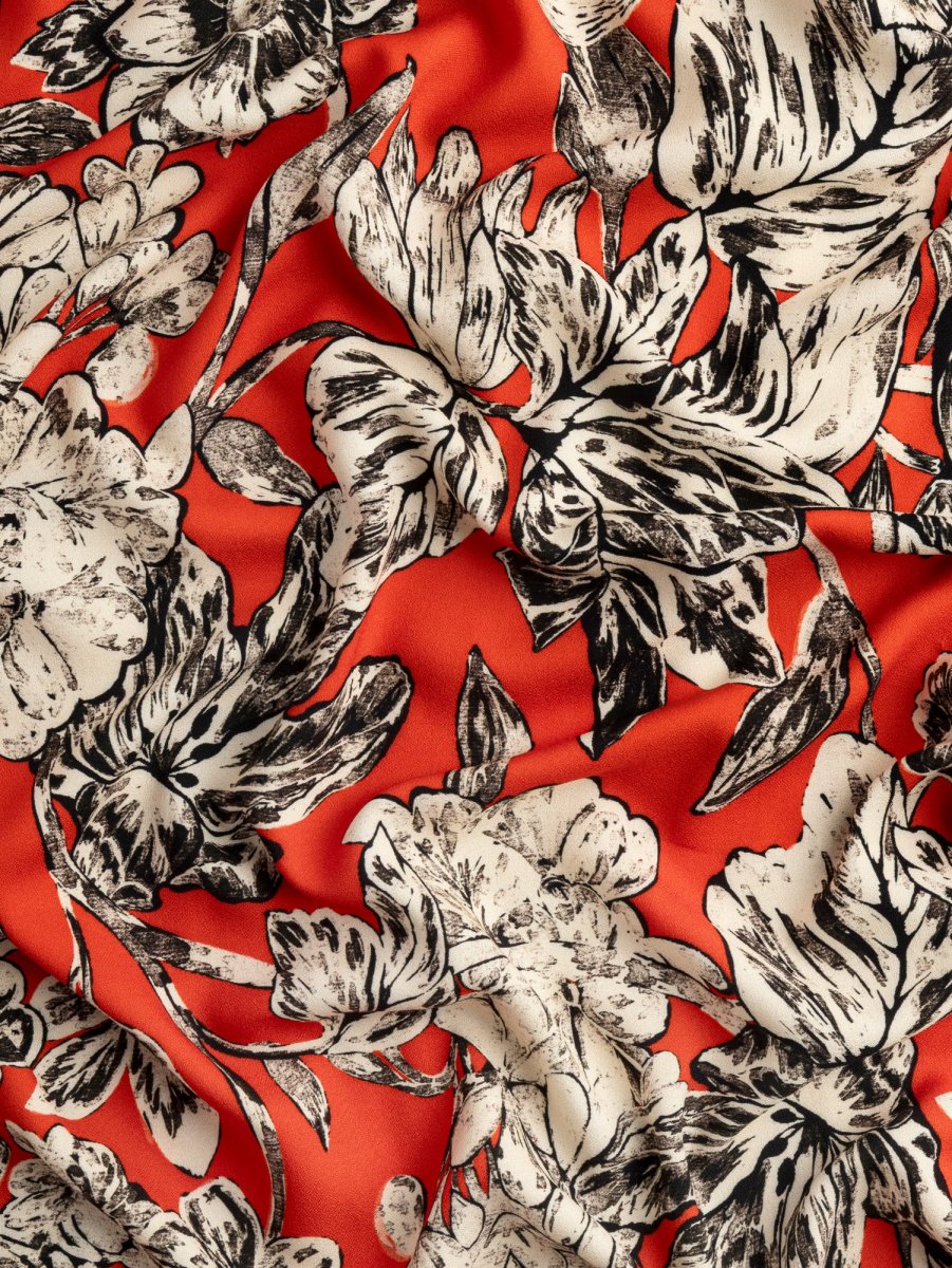 Illustrated Magnolia Print Viscose Crepe - Red + Black + Cream – Image 5