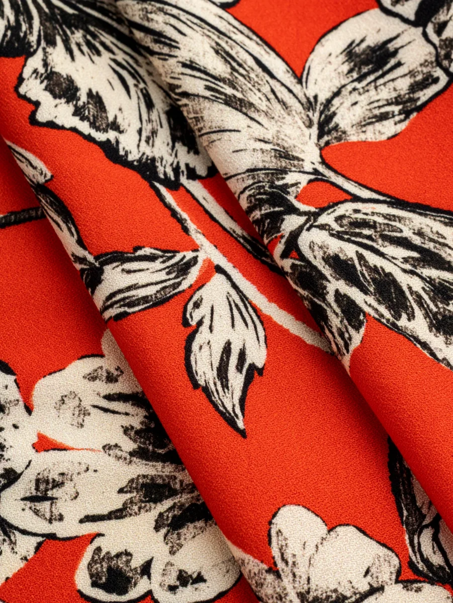 Illustrated Magnolia Print Viscose Crepe - Red + Black + Cream – Image 6