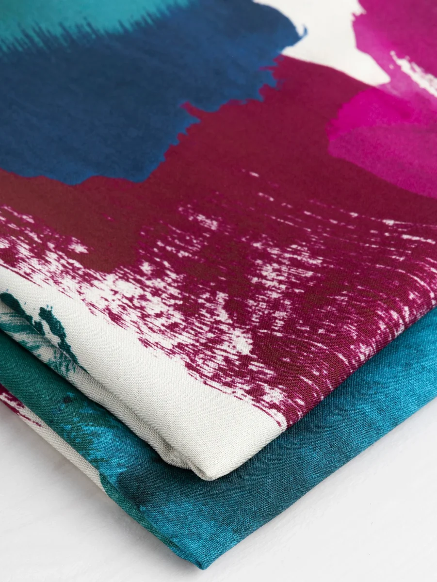 Large Abstract Brushstroke Print Viscose - Cream + Magenta + Teal + Green - Swatch – Image 3