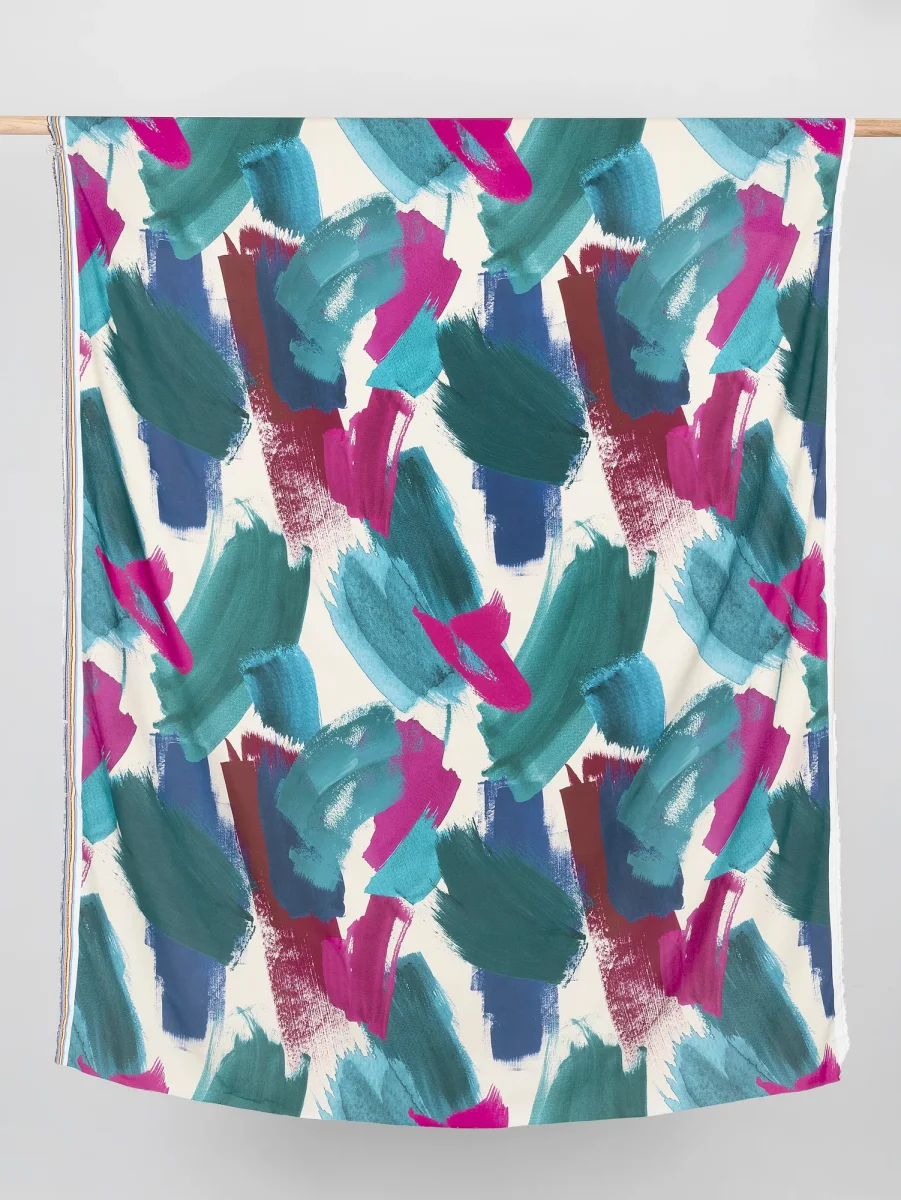 Large Abstract Brushstroke Print Viscose - Cream + Magenta + Teal + Green - Swatch – Image 2